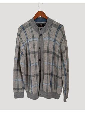 Paul & Shark Yachting Plaid Wool Cardigan Jacket Size XL Made in Italy Gray & Bl
